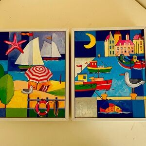 Set of two colorful painted pictures.  Coastal, perfect for beach house.  VG con